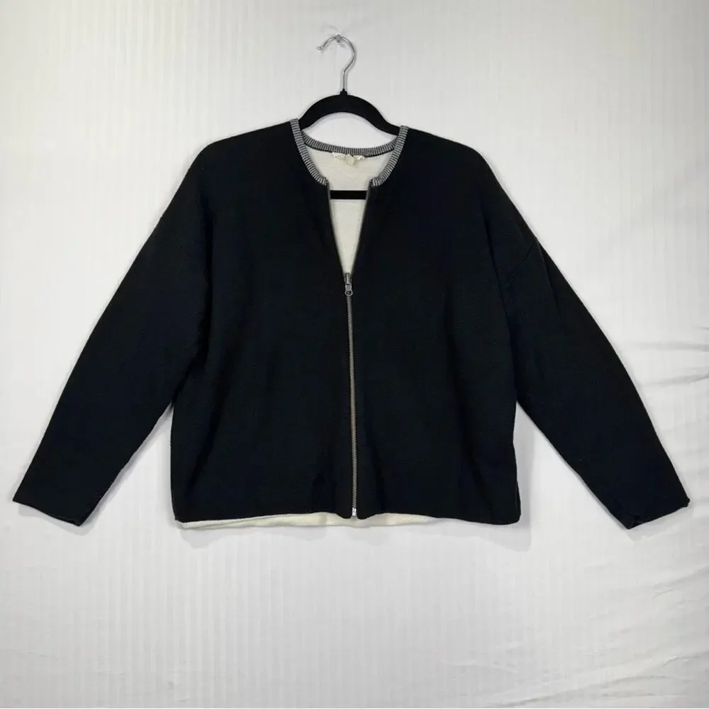 Eileen Fisher Black Full-Zip Cardigan Sweater Jacket Size Medium Organic Cotton - Picture 1 of 6